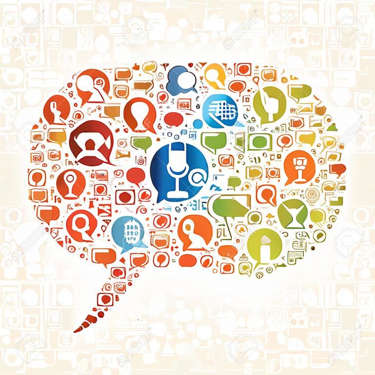 Conexão de bolhas de fala feita com ícones de mídia social.