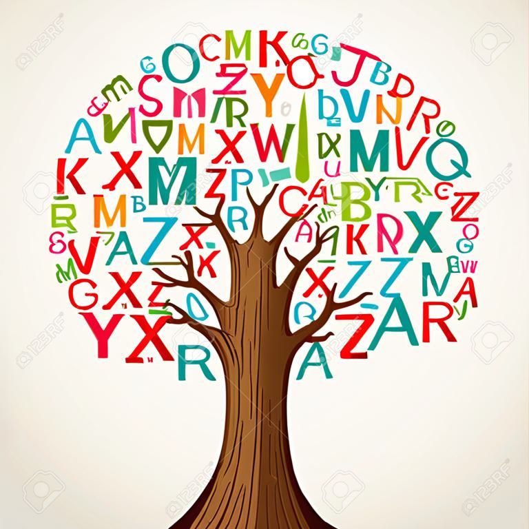 La educación escolar concepto árbol hecho con letras. Archivo vectorial en capas para una fácil manipulación y coloración personalizada.