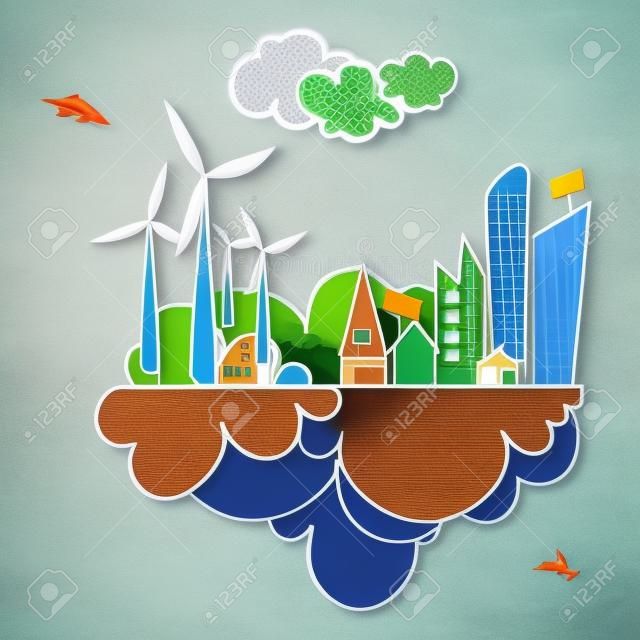 Ecology town, industry sustainable development with environmental conservation background illustration file layered for easy manipulation and custom coloring 