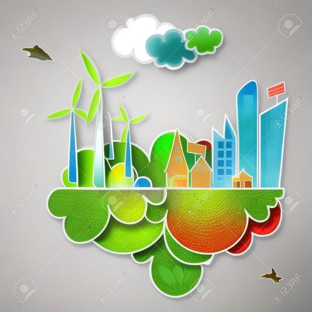 Ecology town, industry sustainable development with environmental conservation background illustration file layered for easy manipulation and custom coloring 