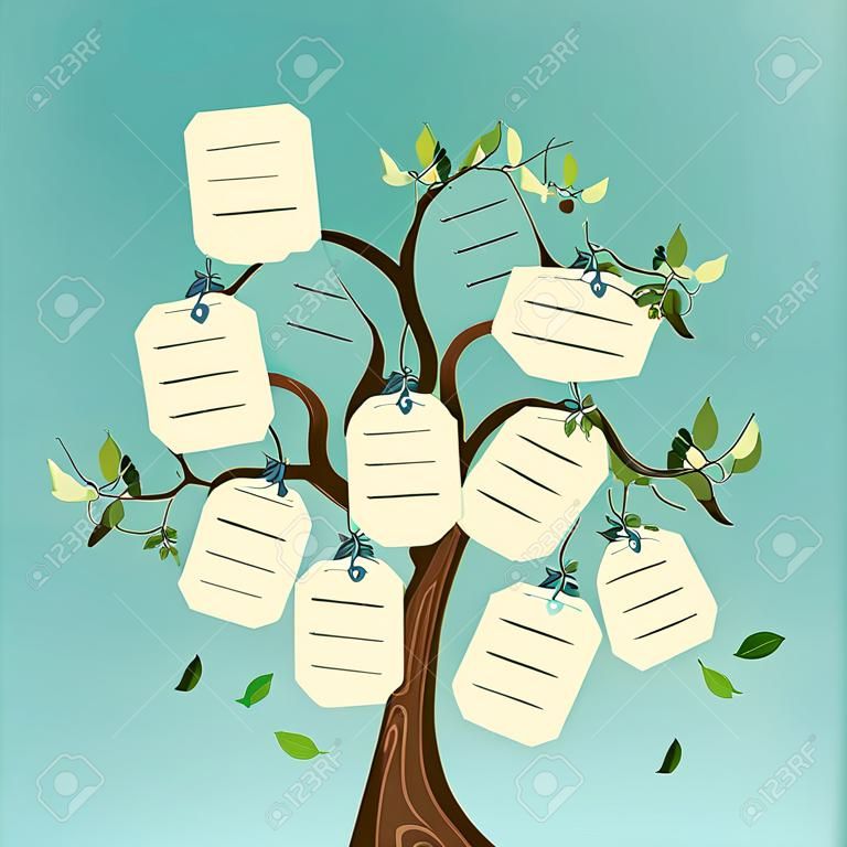 Koncepcji drzewa Rodzina z wiszące etykiety liści. Plik wektorowy przekładane na łatwą manipulację i wybarwienia niestandardowej.