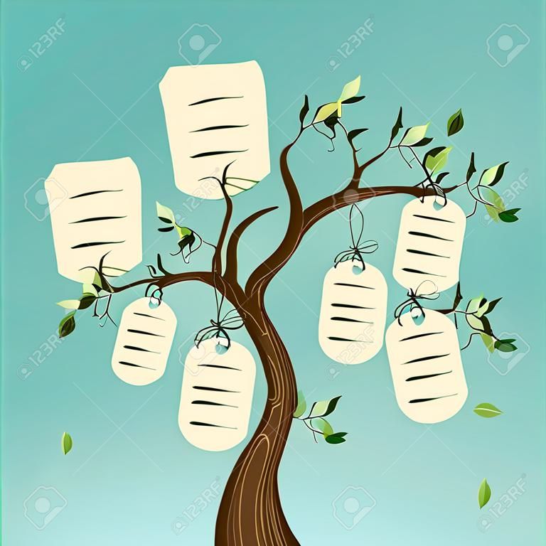 Concetto di famiglia albero con appesi foglie etichette. Vector file livelli di facile manipolazione e la colorazione personalizzata.