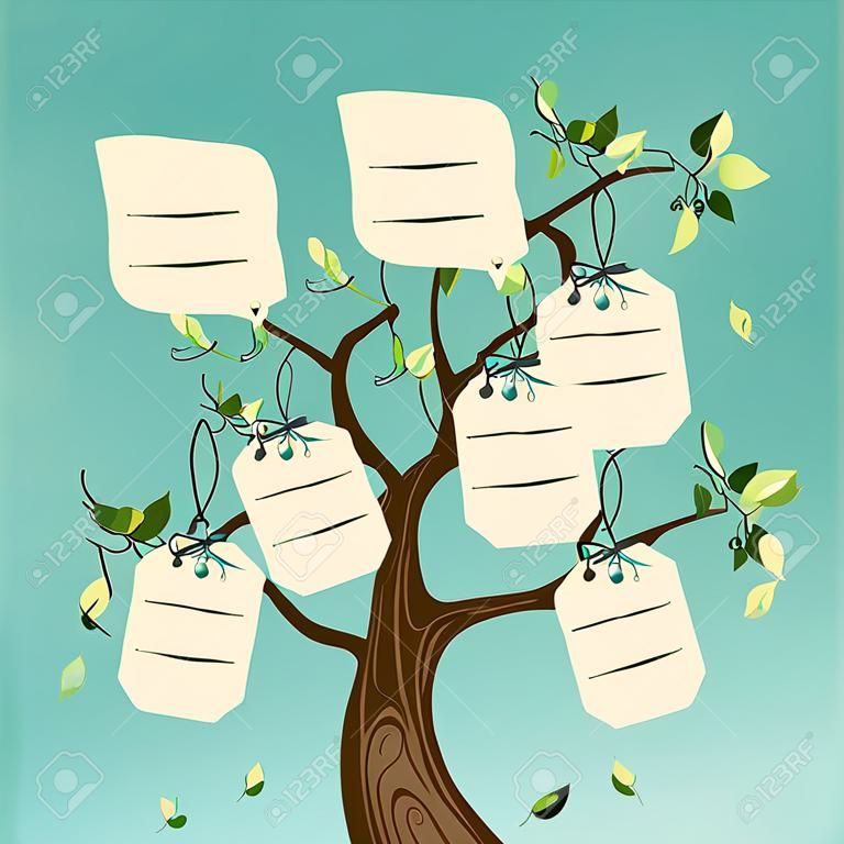Etiket yaprakları asılı aile kavramı ağacı. Vektör dosyayı kolayca manipülasyon ve özel boyama için katmanlı.