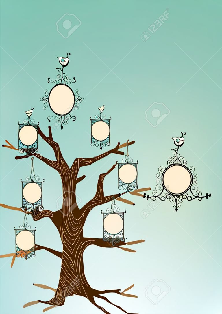 Family concept tree with hanging photo frames leaves. Vector file layered for easy manipulation and custom coloring.
