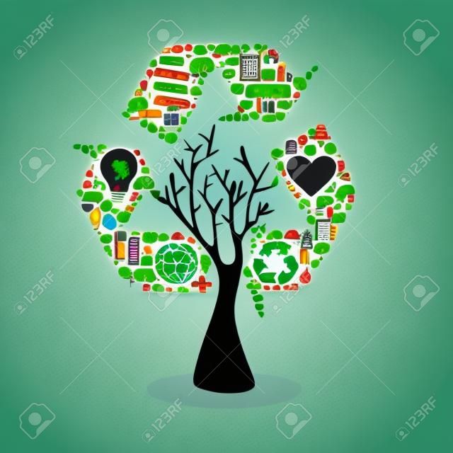 Save the Earth tree idea with icons set. This illustration is layered for easy manipulation and custom coloring