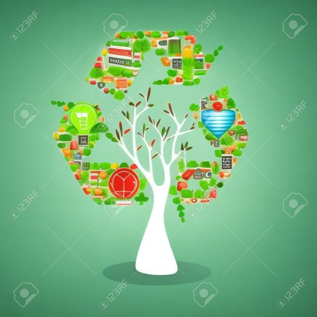 Save the Earth tree idea with icons set. This illustration is layered for easy manipulation and custom coloring