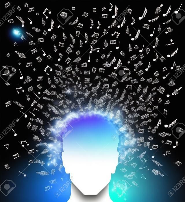 인간의 남성 머리의 음악 노트 그림을 시작합니다.