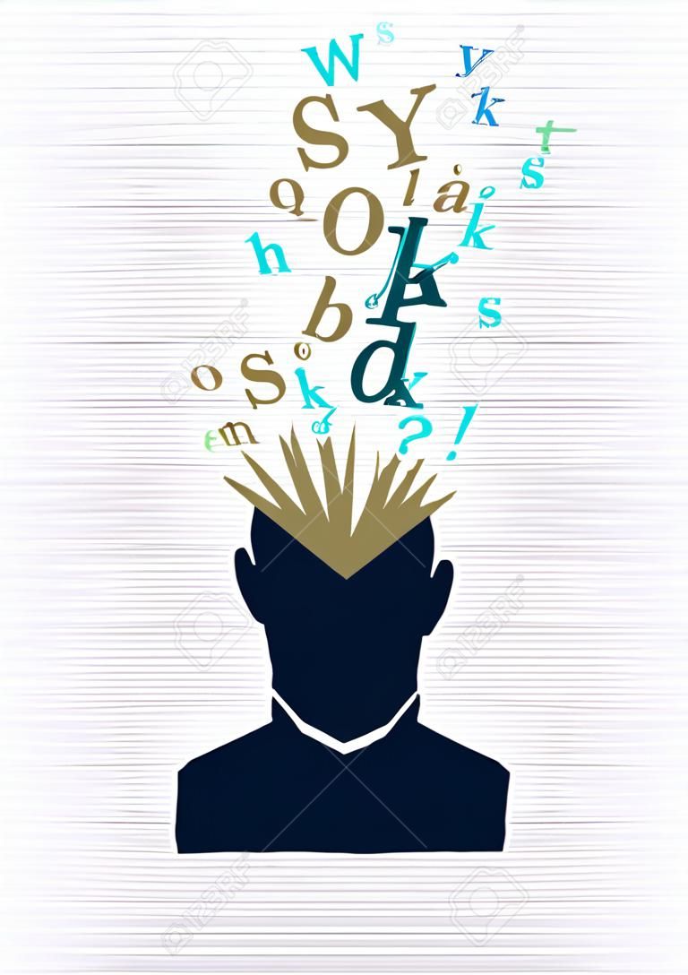 Vintage human head open book words splash illustration. 