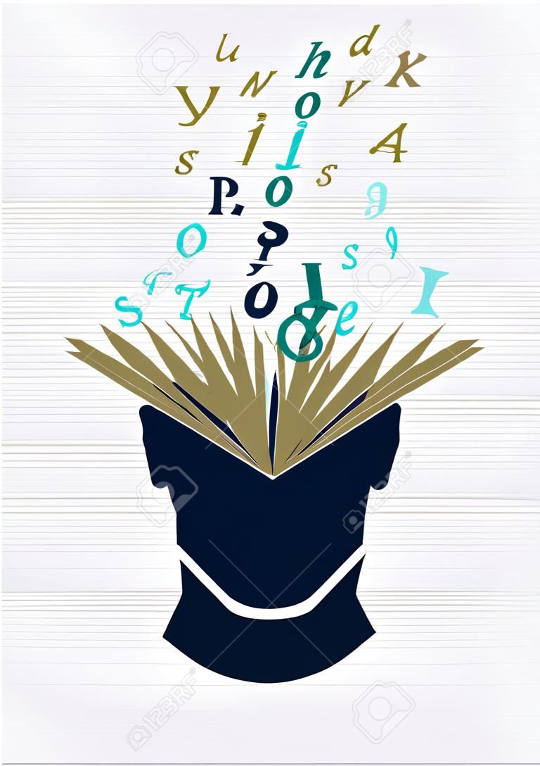 Illustrazione d'annata della spruzzata di parole del libro aperto della testa umana.