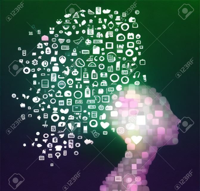 Silhueta de cabeça de mulher feita com ícones de mídia social