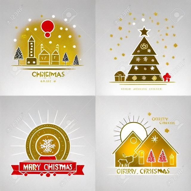 Etiqueta de contorno de oro Feliz Navidad conjunto con la ciudad de invierno, árbol de navidad, bola de nieve, y los elementos de renos. Ideal para la invitación de fiesta o tarjeta de felicitación. Vector EPS10.