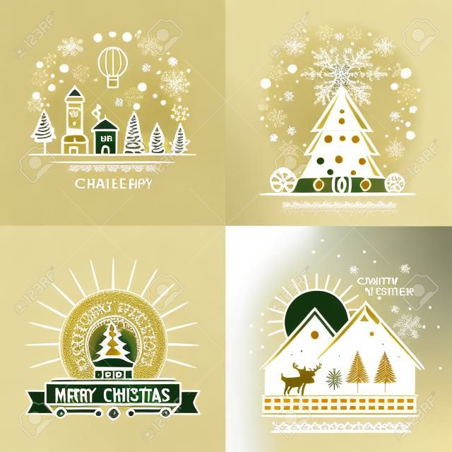 Etiqueta de contorno de oro Feliz Navidad conjunto con la ciudad de invierno, árbol de navidad, bola de nieve, y los elementos de renos. Ideal para la invitación de fiesta o tarjeta de felicitación. Vector EPS10.