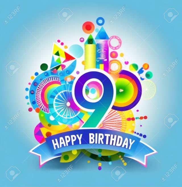 Happy Birthday nine 9 year, fun design with number, text label and colorful geometry element. Ideal for poster or greeting card. EPS10 vector.