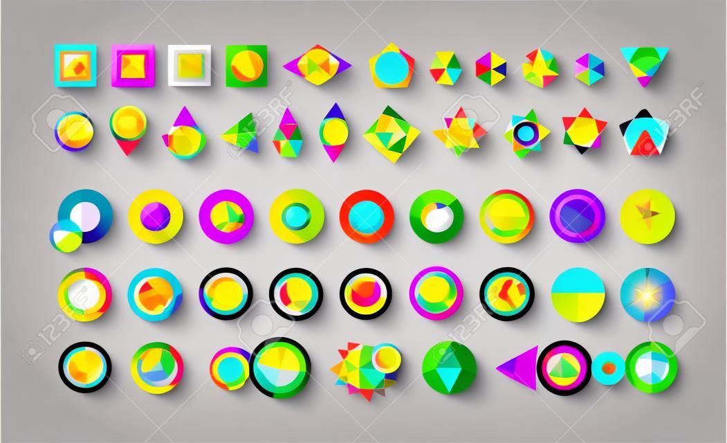 Conjunto de formas de elementos de geometria, ícones e símbolos abstratos divertidos e coloridos com designs de estilo pop vibrantes.