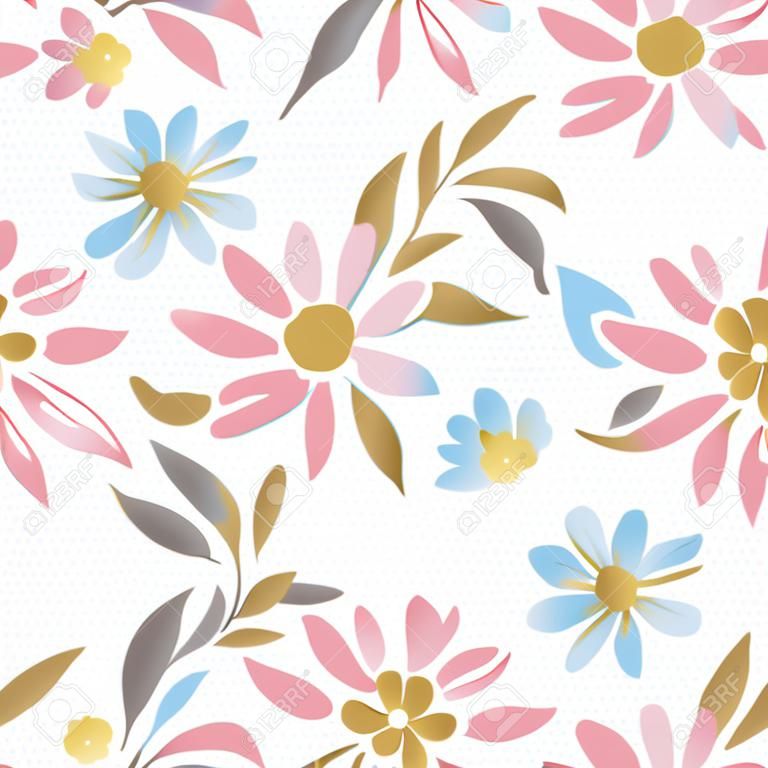 Gold floral spring seamless pattern with daisy flowers, leaves and decorative illustration designs. vector.
