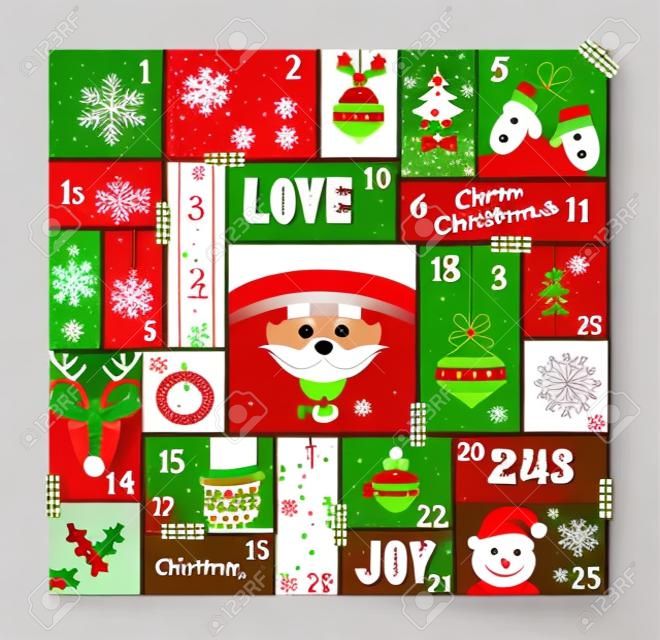 Karácsonyi adventi naptár aranyos üdülési dekoráció, visszaszámlálás karácsony nap mikulás, rénszarvas, fenyőfa és örömteli évad elemekkel. EPS10 vektor.