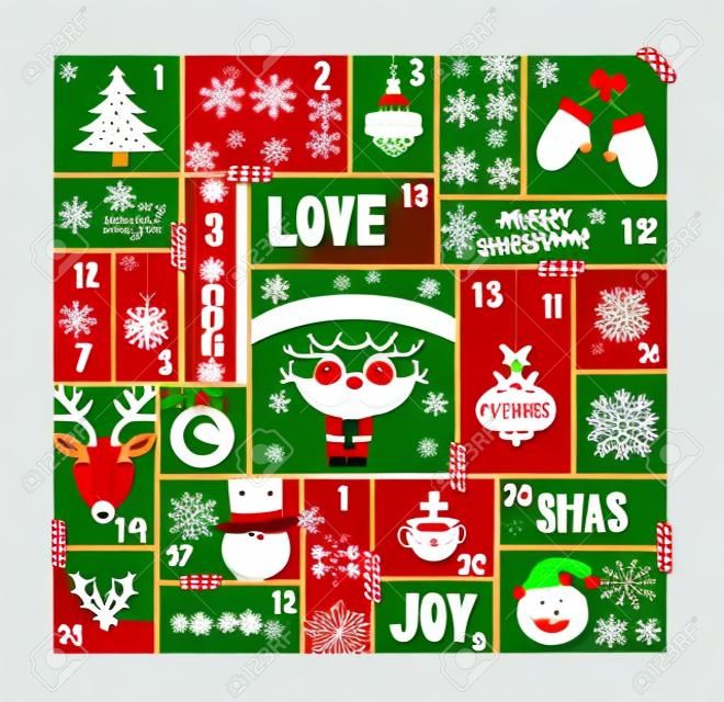 Calendrier de l'Avent de Noël décoration de vacances mignon, compte à rebours jour de Noël avec le père noël, renne, arbre de pin et des éléments de la saison joyeuse. vecteur EPS10.