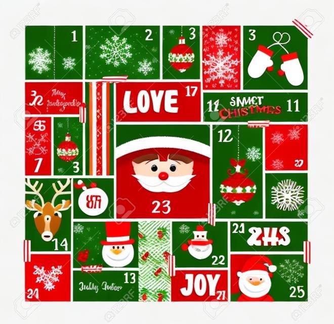 Christmas advent calendar cute holiday decoration, countdown to xmas day with santa claus, reindeer, pine tree and joyful season elements. EPS10 vector.