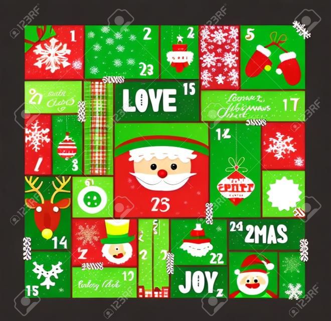 Noel gelişiyle takvim sevimli tatil dekorasyon, Santa Claus, ren geyiği, çam ağacı ve neşeli sezon elemanları ile Noel gün için geri sayım. EPS10 vektör.