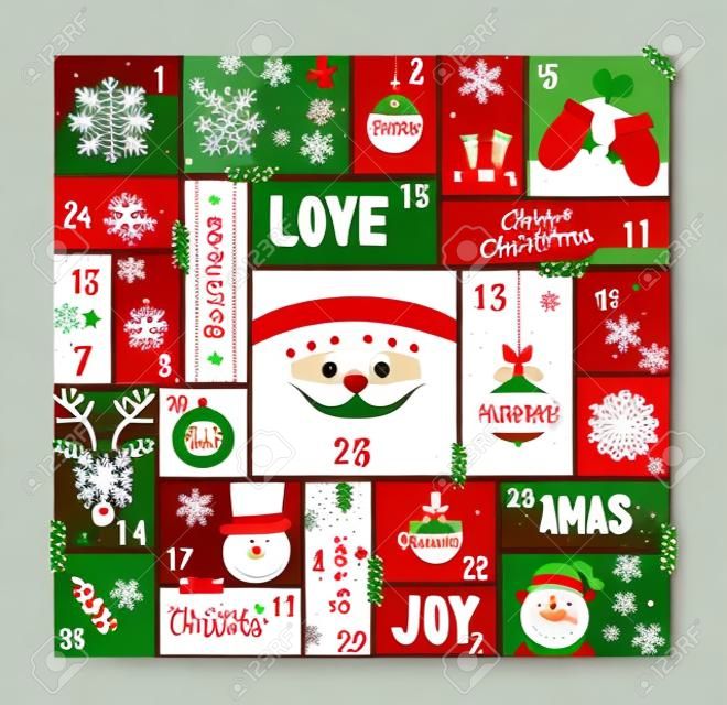 Karácsonyi adventi naptár aranyos üdülési dekoráció, visszaszámlálás karácsony nap mikulás, rénszarvas, fenyőfa és örömteli évad elemekkel. EPS10 vektor.