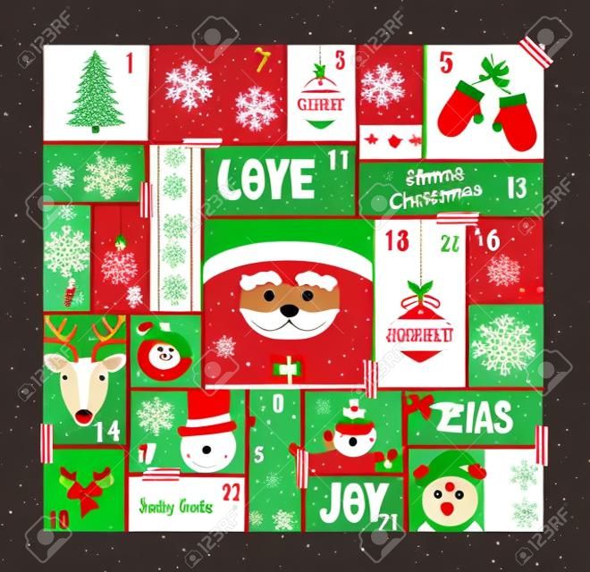 Christmas advent calendar cute holiday decoration, countdown to xmas day with santa claus, reindeer, pine tree and joyful season elements. EPS10 vector.