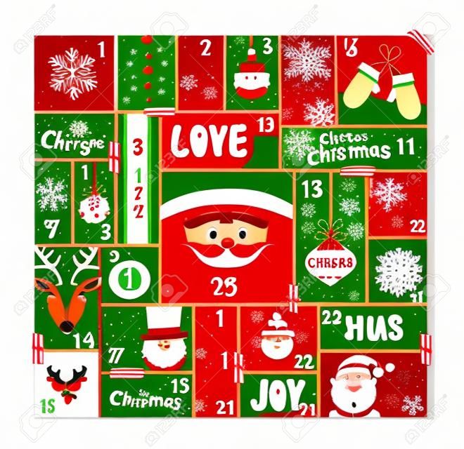 Calendrier de l'Avent de Noël décoration de vacances mignon, compte à rebours jour de Noël avec le père noël, renne, arbre de pin et des éléments de la saison joyeuse. vecteur EPS10.