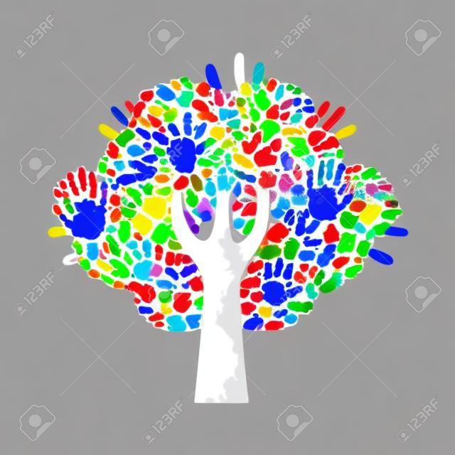 Isolated tree made of colorful hand print art. Diverse community concept for social help, teamwork or charity. EPS10 vector.