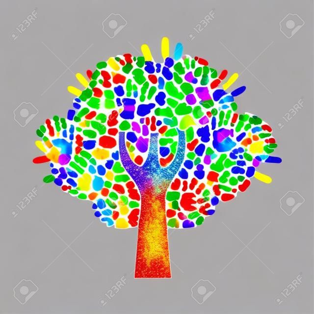 Isolated tree made of colorful hand print art. Diverse community concept for social help, teamwork or charity. EPS10 vector.