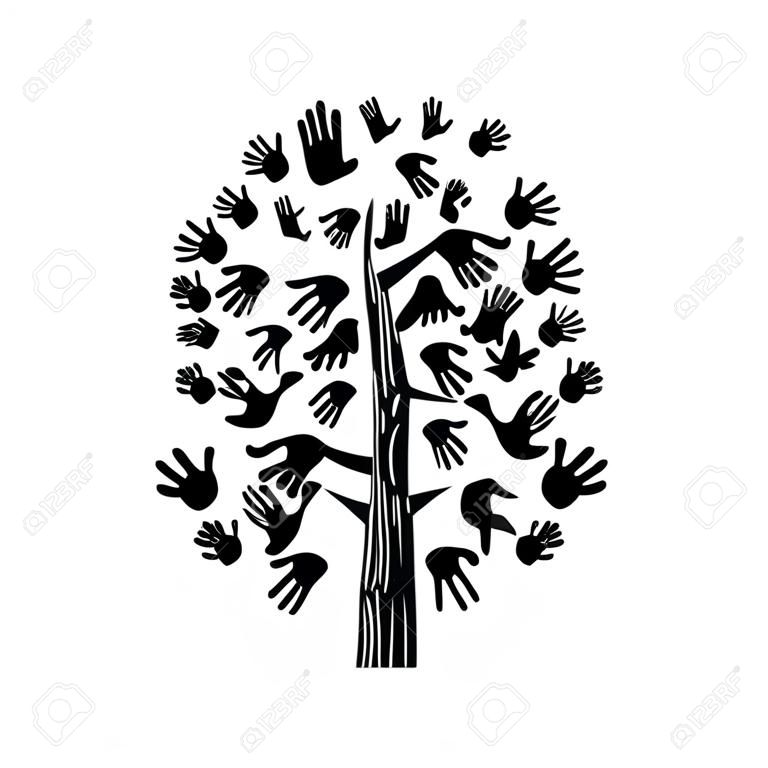 Una mano amica, albero fatto di impronte di mani diverse con uccello. Illustrazione di concetto di aiuto di comunità. Vettore EPS10.