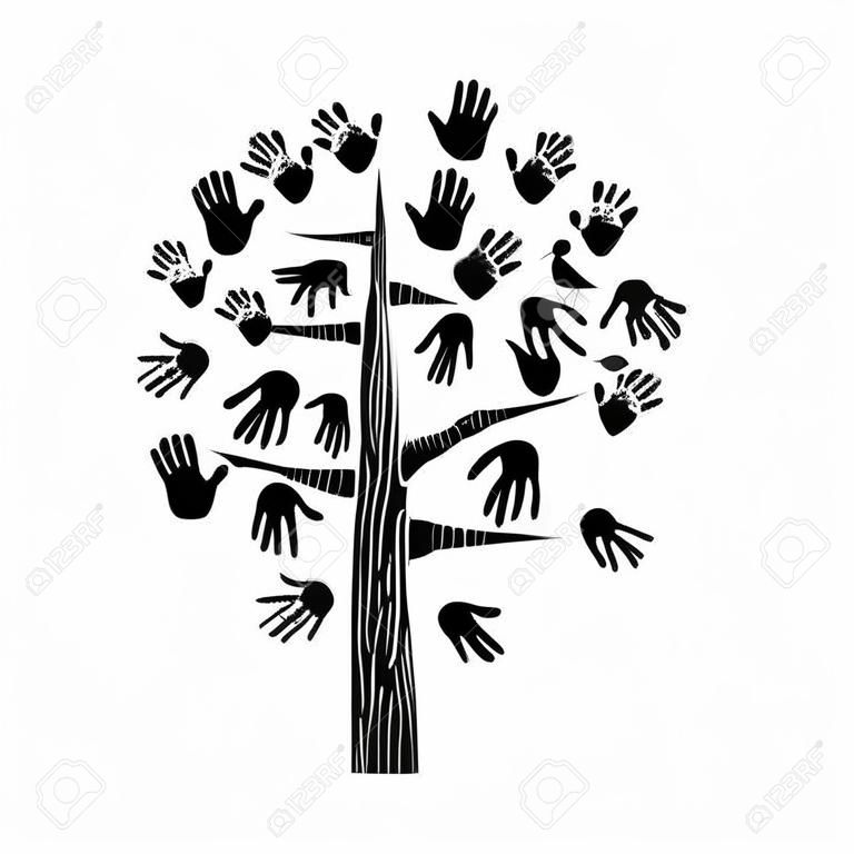 Una mano amica, albero fatto di impronte di mani diverse con uccello. Illustrazione di concetto di aiuto di comunità. Vettore EPS10.