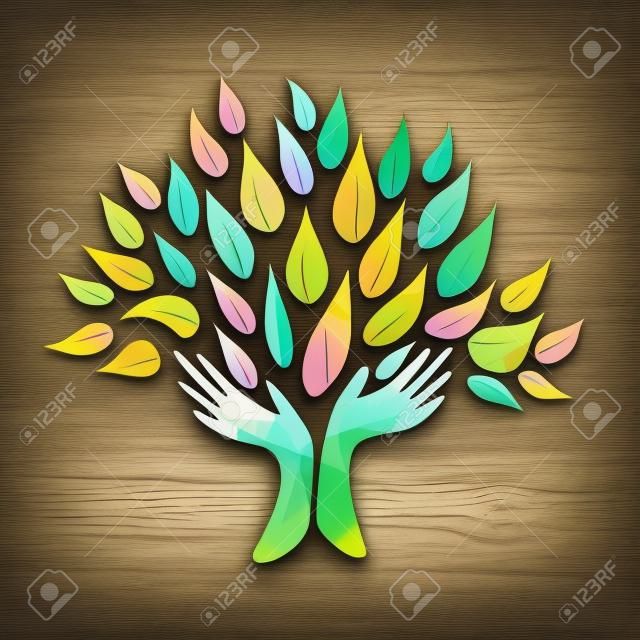 Hand tree art with wood texture and green leaves. Concept illustration for environment care or nature help project. EPS10 vector.