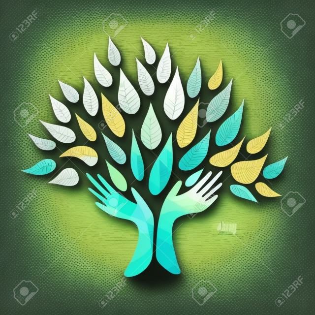Hand tree art with wood texture and green leaves. Concept illustration for environment care or nature help project. EPS10 vector.