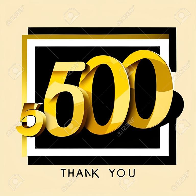 500 obserwujących dziękuję ci złota ilustracja numer cięcia papieru. Specjalne świętowanie celu użytkownika dla pięciuset znajomych, fanów lub subskrybentów z mediów społecznościowych. Eps10 wektor.
