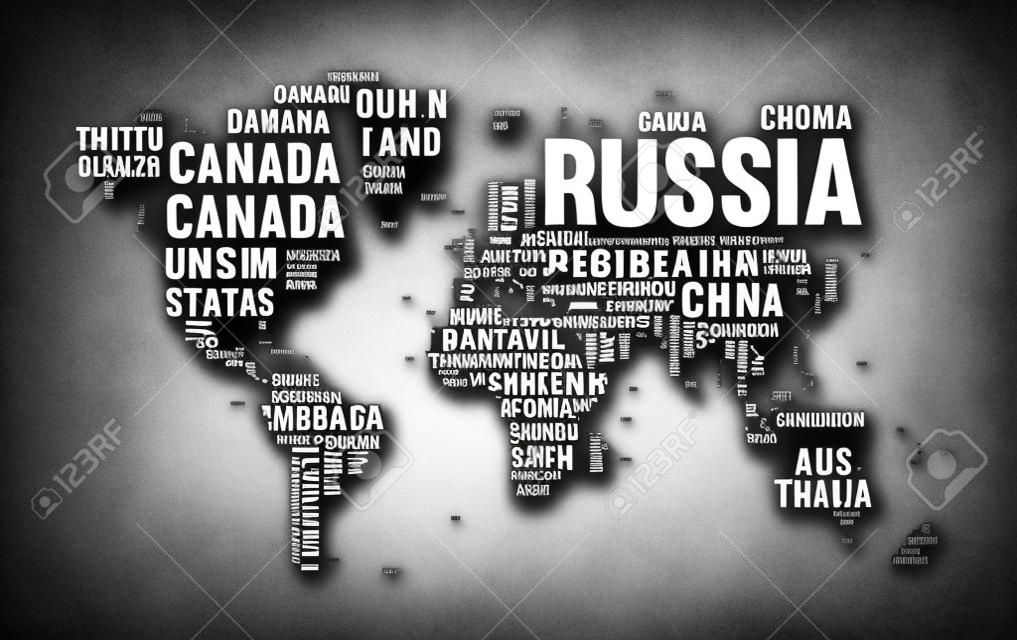 Tipográfiai világtérkép minden ország nevéből fekete-fehérben. Kontextus szöveg atlasz terv kontinens alakzatokkal. EPS10 vektor.