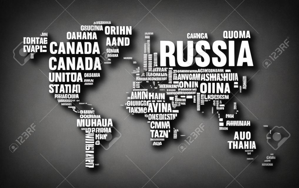 Mappa del mondo tipografica di ogni nome di paese in bianco e nero. Concetto di atlante a testo concettuale con forme del continente. Vettore EPS10.