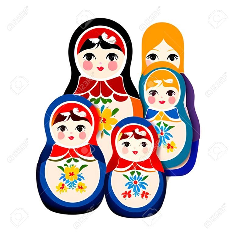 Zestaw tradycyjnych rosyjskich ozdób lalek na białym tle. Gniazdowania matrioska dziewczyna, pamiątka z Rosji w ręcznie rysowanej kwiecistej sukience.