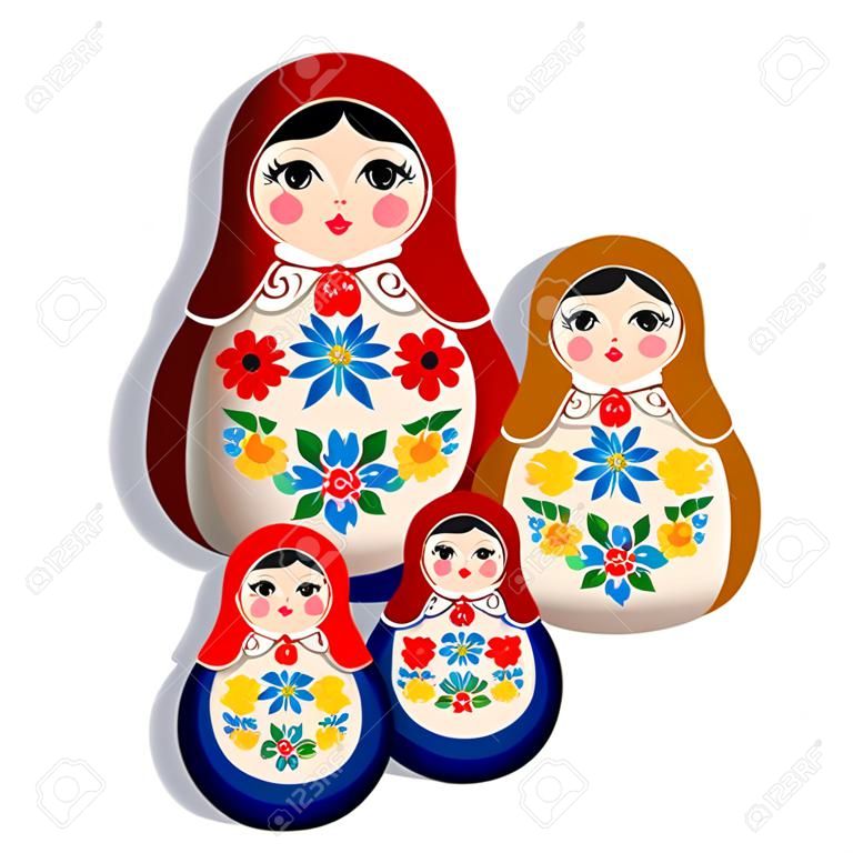 Zestaw tradycyjnych rosyjskich ozdób lalek na białym tle. Gniazdowania matrioska dziewczyna, pamiątka z Rosji w ręcznie rysowanej kwiecistej sukience.