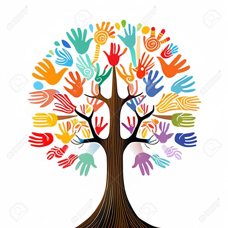 樹用五顏六色的人的手一起。社區團隊概念圖為文化多樣性，自然保護或團隊合作項目。向量。