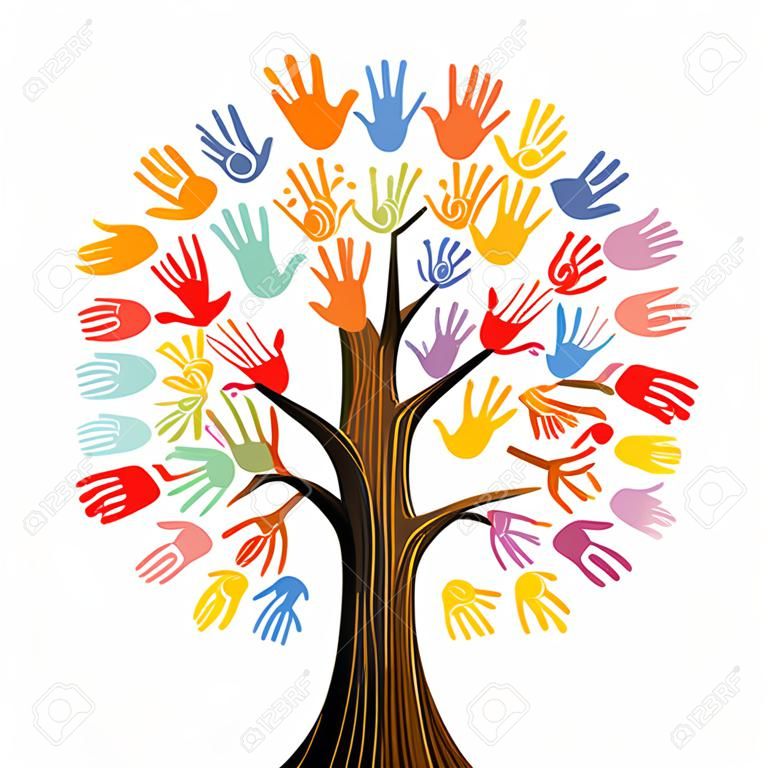 樹用五顏六色的人的手一起。社區團隊概念圖為文化多樣性，自然保護或團隊合作項目。向量。