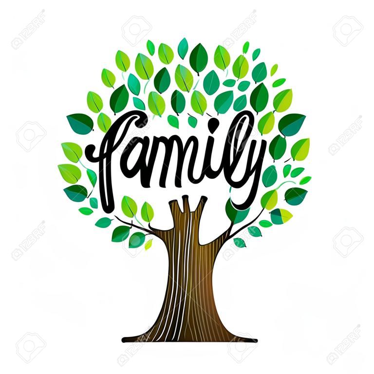 Family tree illustration concept, green leaves with text quote for genealogy design.  vector.