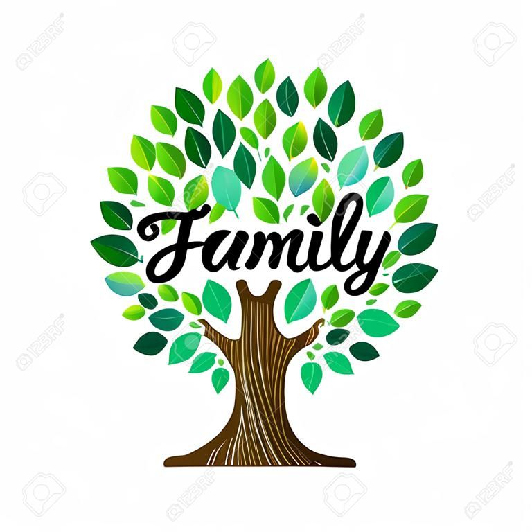 Familie boom illustratie concept, groene bladeren met tekst citaat voor genealogie ontwerp. vector.