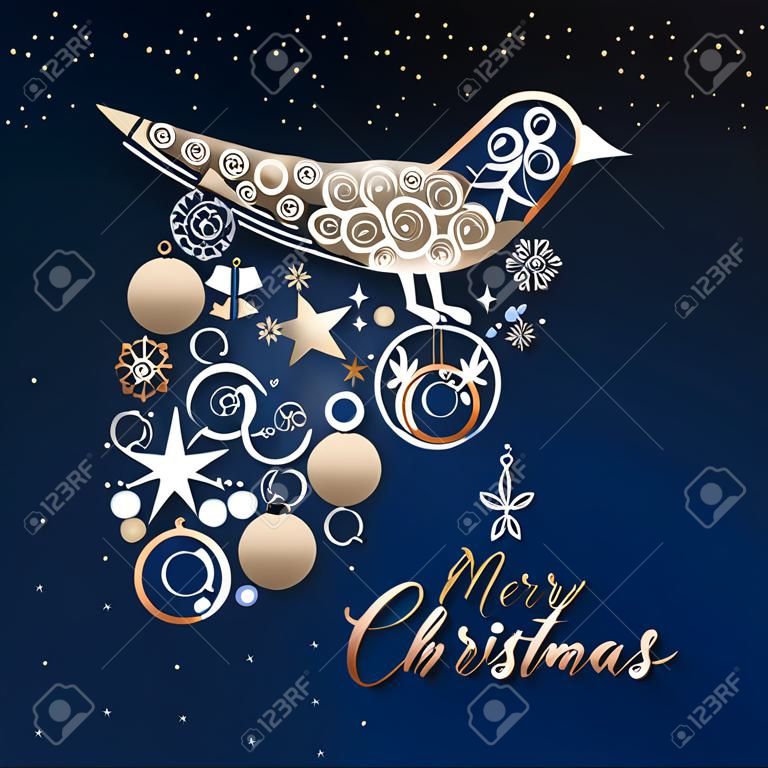 Merry Christmas and New Year luxury greeting card illustration. Xmas peace dove made of elegant copper icons on night sky background. EPS10 vector.