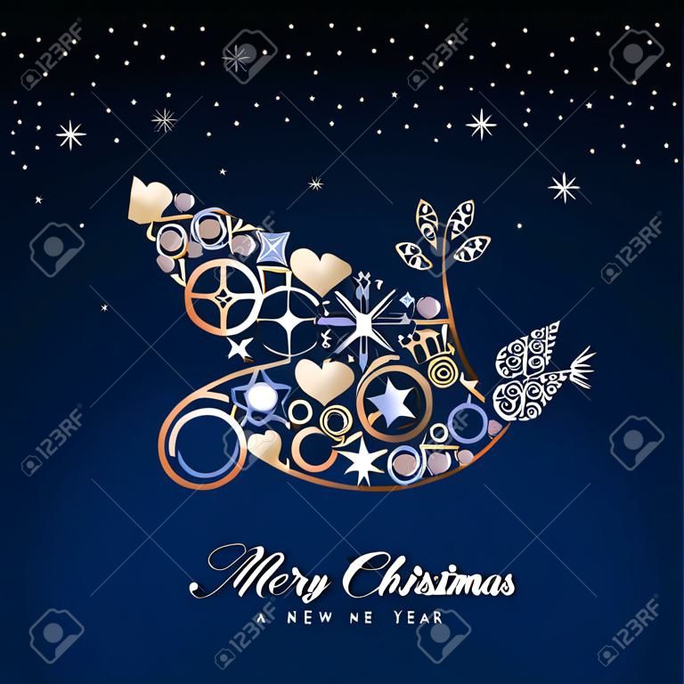 Feliz Navidad y año nuevo ilustración de tarjeta de felicitación de lujo. Paloma de la paz de Navidad hecha de elegantes iconos de cobre sobre fondo de cielo nocturno. Eps10 vector.