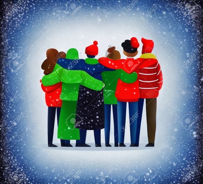 다양한 친구 그룹이 크리스마스나 계절 축하를 위해 겨울 옷을 입고 함께 껴안고 있습니다. 소녀와 소년 팀은 복사 공간이 있는 격리된 배경에서 포옹합니다.