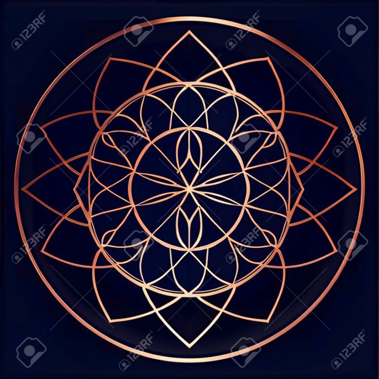 Modern mandala with sacred geometry shapes, concept symbol for abstract minimalistic design in copper color.