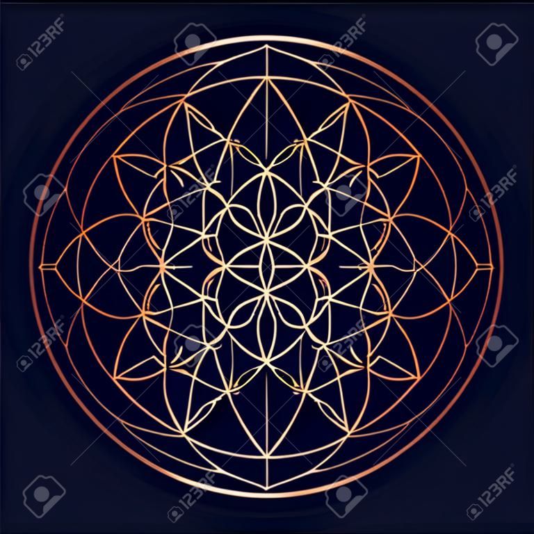Modernes Mandala mit heiligen Geometrieformen, Konzeptsymbol für abstraktes minimalistisches Design in Kupferfarbe.