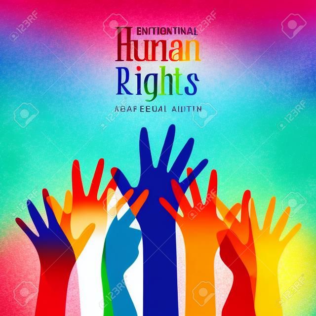 International Human Rights awareness month illustration for global equality and peace with colorful people hands, social diversity concept.