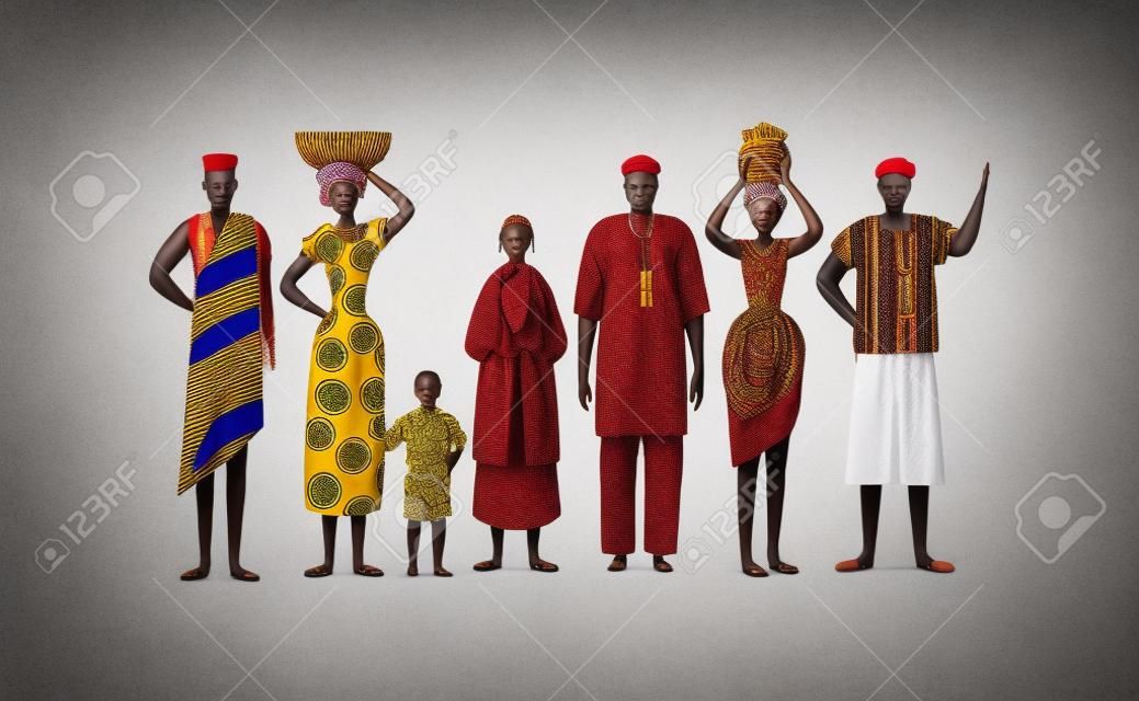 격리 된 흰색 배경에 아프리카 사람들입니다. 아프리카 사회 개념을 위해 전통적인 민족 의상을 입은 다양한 흑인 남성과 여성 그룹.