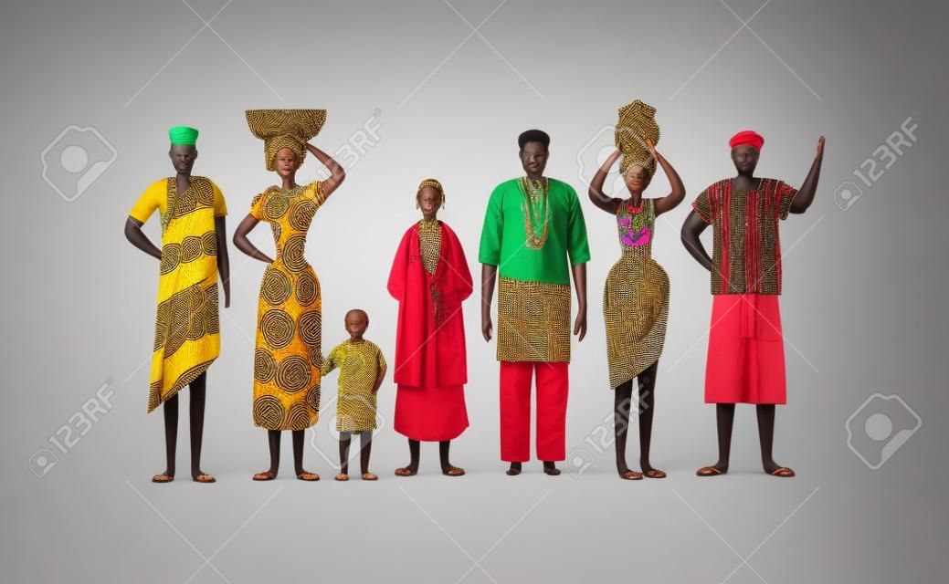 Pessoas africanas em fundo branco isolado. Diversos homens e mulheres negros grupo em roupas étnicas tradicionais para o conceito da sociedade africana.