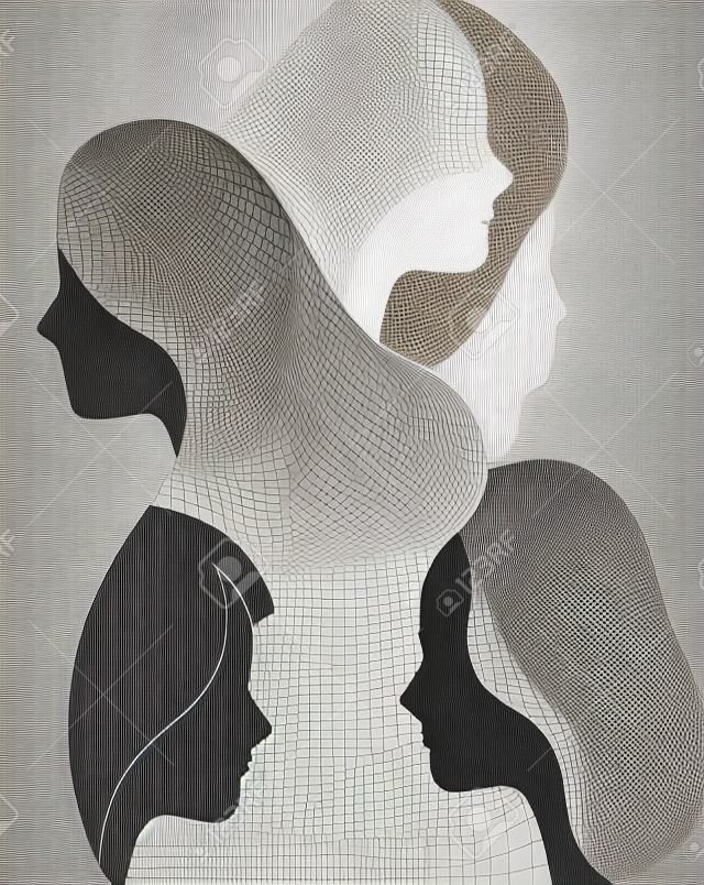 Várias mulheres enfrentam ilustração em estilo de corte de papel 3D realista. Conceito de equipe feminina de corte de papel moderno para funcionários de negócios, igualdade de gênero ou evento do dia das mulheres.